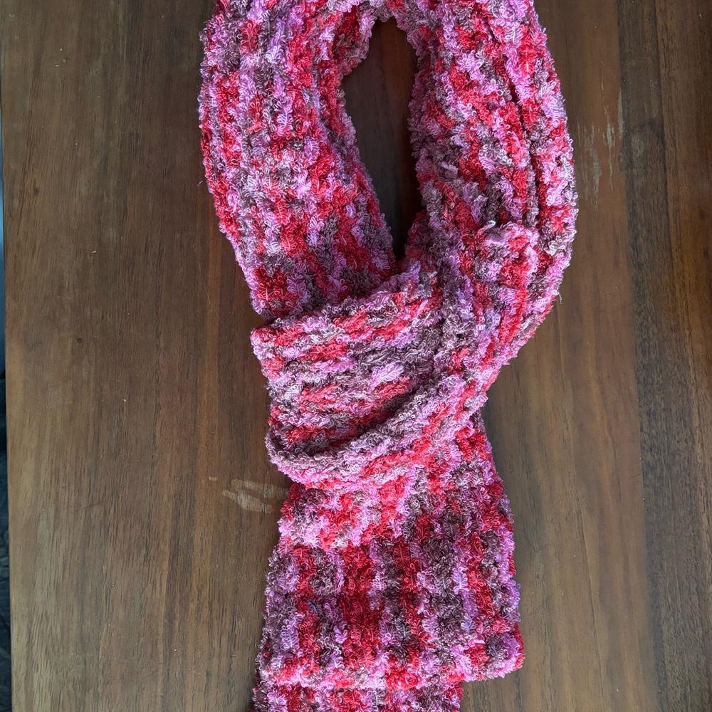 Cozy Pinks and Red Crocheted Scarf #MA-7